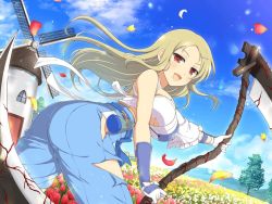 Rule 34 | 1girl, blonde hair, breasts, day, field, flower, flower field, gloves, hakama, japanese clothes, kimono, large breasts, long hair, looking at viewer, mole, official art, red eyes, scythe, senran kagura, senran kagura new link, shiki (senran kagura), smile, torn clothes, torn hakama, torn kimono, tree, windmill