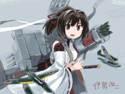 Rule 34 | 1girl, aircraft, airplane, arrow (projectile), brown hair, cannon, e16a zuiun, grey background, hachimaki, hair ribbon, headband, highres, ise (kancolle), ise kai ni (kancolle), jura cambri, kantai collection, looking at viewer, nontraditional miko, open mouth, ponytail, ribbon, ribbon-trimmed sleeves, ribbon trim, rigging, sheath, sheathed, simple background, solo, sword, turret, upper body, weapon, wide sleeves