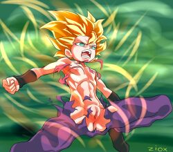 Rule 34 | 1girl, artist name, black footwear, blonde hair, blur censor, caulifla, censored, collarbone, dragon ball, dragon ball super, female focus, flat chest, foot out of frame, green background, green eyes, navel, nipples, open mouth, outstretched arms, pants, purple pants, pussy, saiyan, shirt, solo, spread arms, super saiyan, teeth, thighs, torn clothes, torn pants, torn shirt, wristband, ziox