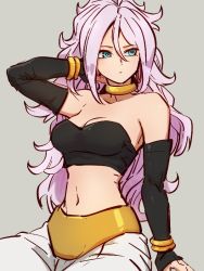 Rule 34 | 1girl, android 21, arm support, bare shoulders, black tube top, blue eyes, bracelet, breasts, choker, cleavage, detached sleeves, dragon ball, dragon ball fighterz, grey background, hair between eyes, jewelry, kemachiku, long hair, looking to the side, majin android 21, medium breasts, midriff, navel, pink hair, simple background, sitting, solo, strapless, tube top, tube top, yellow choker