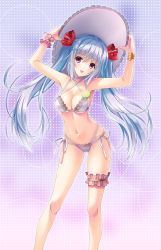 Rule 34 | 1girl, :d, arms up, bikini, blue hair, blush, bracelet, breasts, cleavage, collarbone, floating hair, flower, hair between eyes, hair flower, hair ornament, halterneck, hat, head tilt, hibiscus, highres, jewelry, kimizuka aoi, large breasts, long hair, looking at viewer, multi-strapped bikini, navel, open mouth, original, purple eyes, red flower, ribbon, shiny skin, side-tie bikini bottom, sideboob, smile, solo, standing, sun hat, swimsuit, thigh strap, twintails, very long hair, white bikini, white hat, white ribbon, wrist cuffs
