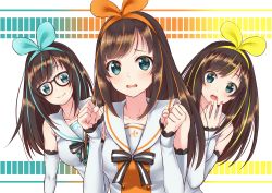 Rule 34 | 3girls, bare shoulders, bespectacled, black-framed eyewear, black ribbon, blonde hair, blue eyes, blue hair, blue hairband, blue ribbon, blush, breasts, clenched hands, closed mouth, collarbone, commentary request, detached sleeves, glasses, hair ribbon, hairband, hand to own mouth, kizuna ai, kizuna ai inc., long hair, long sleeves, looking at viewer, medium breasts, multicolored background, multicolored hair, multiple girls, multiple persona, nail, nail polish, nyanmaru (ememing), open mouth, orange hair, orange hairband, orange ribbon, pink nails, ribbon, sailor collar, shirt, sidelocks, sleeves past wrists, smile, streaked hair, swept bangs, tareme, upper body, virtual youtuber, white sailor collar, white shirt, yellow hairband, yellow ribbon