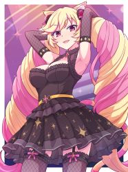 Rule 34 | 1girl, :d, animal ear fluff, animal ears, armpits, arms up, black skirt, blonde hair, blush, breasts, cat ears, cat girl, cat tail, cleavage, detached sleeves, e20, fishnet sleeves, fishnet thighhighs, fishnets, flower, frills, garter straps, hair flower, hair ornament, highres, long hair, long sleeves, looking at viewer, mashima himeko (show by rock!!), medium breasts, multicolored hair, open mouth, outside border, pink hair, pleated skirt, purple flower, purple rose, red eyes, red flower, red rose, rose, show by rock!!, skirt, smile, solo, standing, tail, thighhighs, twintails, two-tone hair, very long hair