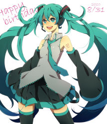 Rule 34 | 1girl, aqua eyes, aqua hair, bad id, bad pixiv id, detached sleeves, female focus, happy birthday, hatsune miku, headset, highres, long hair, mugi (twinbox), necktie, skirt, sleeves past wrists, smile, solo, standing, thighhighs, twintails, very long hair, vocaloid, white background, zettai ryouiki