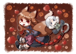 Rule 34 | 1girl, animal ears, apple, bad id, bad pixiv id, brown hair, chachi (azuzu), character doll, craft lawrence, doll, food, fruit, holo, red eyes, solo, spice and wolf, tail, tongue, torako (torahituzi), wolf ears, wolf tail