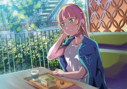 Rule 34 | 1girl, absurdres, al aoi aoba, birthday, blonde hair, bush, commentary request, cup, green eyes, hairband, heanna sumire, highres, jacket, jacket on shoulders, jewelry, long hair, love live!, love live! superstar!!, necklace, red hairband, sitting, solo, spoon, tray
