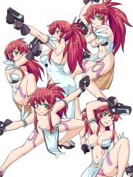 Rule 34 | 1girl, bad id, bad pixiv id, bare shoulders, blush, breasts, character sheet, cleavage, dual wielding, earrings, fingerless gloves, gloves, green eyes, gun, hands on own hips, haou airen, heart, heart maebari, himeki luna, hinemosu notari, holding, jewelry, large breasts, legs, long hair, looking at viewer, maebari, no bra, one eye closed, parody, pelvic curtain, ponytail, red hair, revealing clothes, simple background, smile, solo, vanguard princess, weapon, white background, wink