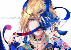 Rule 34 | 1girl, alternate costume, artoria pendragon (all), artoria pendragon (fate), blonde hair, blue eyes, blue nails, bracelet, braid, commentary, creamsea, cross, earrings, english commentary, fate/stay night, fate (series), feather earrings, feathers, floral print, flower earrings, hair ornament, hand over eye, jewelry, long hair, long sleeves, looking at viewer, nail polish, necklace, one eye covered, parted lips, petals, portrait, realistic, saber (fate), simple background, solo, watermark, web address, white background, wide sleeves