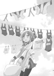 Rule 34 | 10s, 1girl, :d, apron, bag, blush, clothesline, comic, cover, cover page, cowboy shot, greyscale, kantai collection, long sleeves, monochrome, name tag, necktie, one-piece swimsuit, open mouth, pantyhose, pleated skirt, sailor collar, school swimsuit, school uniform, serafuku, shimazaki mujirushi, sidelocks, skirt, sky, smile, solo, swimsuit, taigei (kancolle), text focus, translation request, white school swimsuit, white one-piece swimsuit