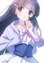 Rule 34 | 1girl, aoki reika, blue eyes, blue hair, blue jacket, commentary request, dress, hair ornament, hairclip, hime cut, jacket, long hair, osarutukamaeru, parted lips, precure, ribbon-trimmed dress, smile precure!, solo, white dress