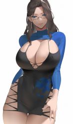 Rule 34 | 1girl, alios arvin, black dress, black hair, blue eyes, blue shirt, breasts, cleavage, covered navel, cowboy shot, dress, glasses, highres, inoue iris (sdustz), large breasts, long hair, long sleeves, looking at viewer, original, parted lips, shirt, simple background, smile, solo, thigh gap, thighs, white background