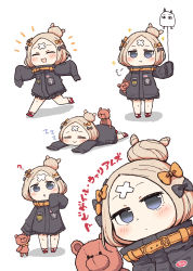 Rule 34 | 1girl, :&gt;, :d, ?, abigail williams (fate), abigail williams (traveling outfit) (fate), absurdres, balloon, black bow, black jacket, blue eyes, blush, bow, chibi, closed eyes, closed mouth, commentary request, ebi gohan, facing viewer, fate/grand order, fate (series), hair bow, head tilt, highres, holding, holding balloon, holding stuffed toy, jacket, light brown hair, long hair, long sleeves, lying, medjed (fate), multiple views, hugging object, official alternate costume, on stomach, open mouth, orange bow, parted bangs, parted lips, polka dot, polka dot bow, red footwear, running, sleeping, sleeves past fingers, sleeves past wrists, smile, standing, stuffed animal, stuffed toy, teddy bear, zzz