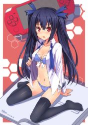 Rule 34 | 10s, 1girl, black hair, black thighhighs, blue bra, blue panties, bra, breasts, cleavage, dated, game console, hair ornament, handheld game console, long hair, neptune (series), noire (neptunia), open clothes, open mouth, open shirt, panties, playstation 3, playstation portable, red eyes, shirt, signature, sitting, solo, terras, thighhighs, twintails, underwear, wariza