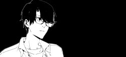 Rule 34 | 0000-111-0100-0, 1boy, black background, chinese commentary, commentary request, dark, glasses, highres, jacket, klein moretti, looking up, lord of the mysteries, male focus, monochrome, parted lips, shirt, short hair, simple background, solo