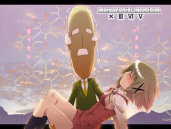 Rule 34 | 00s, 1boy, 1girl, black socks, blush, brown hair, carrying, closed eyes, dress, formal, from side, hair ornament, hidamari sketch, kneehighs, letterboxed, long sleeves, okiura, old, old man, princess carry, principal (hidamari sketch), profile, red dress, short hair, socks, suit, text focus, unconscious, white hair, x hair ornament, yuno (hidamari sketch)