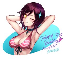 Rule 34 | + +, 1girl, ;), armpits, arms behind head, arms up, bad id, bad pixiv id, bikini, breasts, cleavage, collar, collarbone, dare ga tame no alchemist, dated, happy birthday, looking at viewer, medium breasts, one eye closed, parted lips, pirapom, purple hair, short hair, smile, solo, sparkle, swimsuit, upper body, yellow eyes