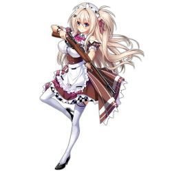 Rule 34 | 1girl, ahoge, apron, black footwear, blonde hair, blouse, blush, bolt action, bow, bowtie, breasts, brown dress, clothes writing, clothing cutout, collared shirt, dango remi, dress, floating hair, full body, girls&#039; frontline, gun, hair ornament, hair ribbon, hanyang type 88 (girls&#039; frontline), gewehr 88, headdress, heart, heart hair ornament, high heels, holding, holding weapon, large breasts, leg up, long hair, looking at viewer, maid headdress, official art, one side up, pinafore dress, pink bow, pink bowtie, pink ribbon, pumps, ribbon, rifle, shirt, shoulder cutout, sidelocks, sleeveless, sleeveless dress, sleeveless shirt, smile, sniper rifle, solo, thighhighs, transparent background, very long hair, waist apron, weapon, white shirt, white thighhighs