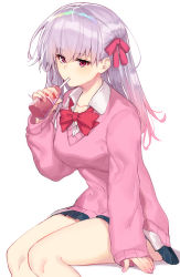 1girl alternate_costume bad_id bad_pixiv_id blue_skirt blush breasts chip_le_cree collared_shirt contemporary cup drinking_straw fate/grand_order fate_(series) hair_ribbon highres kama_(fate) large_breasts long_hair long_sleeves looking_at_viewer nail_polish pink_sweater red_eyes ribbon shirt silver_hair sitting skirt solo sweater thighs