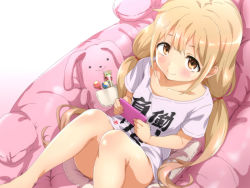 Rule 34 | 10s, 1girl, blonde hair, bottomless, brown eyes, candy, cellphone, closed mouth, clothes writing, food, futaba anzu, idolmaster, idolmaster cinderella girls, lollipop, long hair, looking at viewer, no panties, ookanehira, phone, shirt, short sleeves, sitting, smile, solo, stuffed animal, stuffed rabbit, stuffed toy, t-shirt, twintails, you work you lose