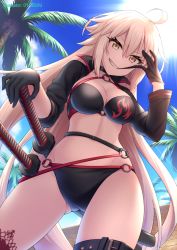 Rule 34 | 1girl, ahoge, artist name, backlighting, bikini, biting, black bikini, black gloves, black jacket, blue sky, breasts, brown eyes, cleavage, cloud, commentary request, day, fate/grand order, fate (series), from below, glove biting, gloves, gluteal fold, grin, groin, hair between eyes, hand on hilt, jacket, jeanne d&#039;arc alter (swimsuit berserker) (fate), jeanne d&#039;arc (fate), jeanne d&#039;arc alter (fate), jeanne d&#039;arc alter (swimsuit berserker) (fate), katana, light brown hair, long hair, long sleeves, looking at viewer, looking down, medium breasts, o-ring, o-ring bikini, o-ring bottom, o-ring top, outdoors, oyaji-sou, palm tree, red thighhighs, shrug (clothing), sidelocks, single thighhigh, sky, smile, solo, standing, sun, swimsuit, sword, thighhighs, tree, very long hair, weapon
