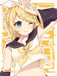 Rule 34 | 1girl, armpits, blonde hair, blush, bow, character name, crop top, detached sleeves, flipped hair, green eyes, hair bow, hair ornament, hairclip, hand on own forehead, hand up, highres, kagamine rin, long sleeves, looking to the side, midriff, neckerchief, one eye closed, rageno0000, sailor collar, shirt, short hair, sleeveless, sleeveless shirt, smile, solo, v, vocaloid
