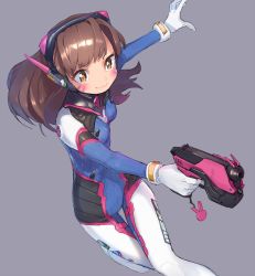 Rule 34 | 1girl, animal print, bodysuit, breasts, brown eyes, brown hair, clothes writing, d.va (overwatch), emblem, facial mark, gloves, gun, handgun, headphones, holding, holding gun, holding weapon, logo, long hair, looking at viewer, outstretched arm, overwatch, overwatch 1, purple background, rabbit, rabbit print, shindou kamichi, simple background, small breasts, solo, thigh gap, weapon, whisker markings, white gloves