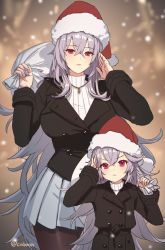 Rule 34 | 2girls, age difference, azur lane, black jacket, blazer, breasts, brown legwear, buttons, christmas, crossed bangs, cuboon, double-breasted, graf zeppelin (azur lane), grey hair, hair between eyes, hands up, hat, height difference, holding, holding sack, jacket, jewelry, large breasts, long hair, long sleeves, looking at viewer, miniskirt, multiple girls, necklace, pantyhose, pleated skirt, red eyes, red headwear, ribbed sweater, sack, santa hat, skirt, sweater, twitter username, v-shaped eyebrows, very long hair, white skirt, zeppy (azur lane)