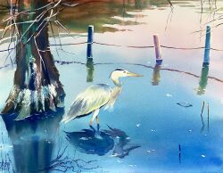 Rule 34 | animal, animal focus, bird, blue sky, branch, cloud, cloudy sky, didi daisukedoi, fence post, highres, no humans, original, painting (medium), pond, reflection, reflective water, rope fence, shallow water, sky, traditional media, tree, water, watercolor (medium)