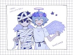 Rule 34 | 0tz026, 2boys, angel, angel wings, basil (headspace) (omori), basil (omori), black eyes, black hair, blush, closed mouth, expressionless, fake halo, flower, green hair, halo, happy halloween, head wreath, highres, looking at viewer, multiple boys, mummy costume, omori, open mouth, short hair, smile, sunny (omori), wings