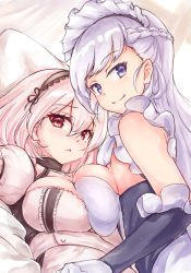 Rule 34 | 2girls, :&lt;, azur lane, bed sheet, belfast (azur lane), blush, braid, breast press, breasts, closed mouth, collarbone, commentary request, french braid, frilled gloves, frills, gloves, hair between eyes, hairband, indoors, lace-trimmed hairband, lace trim, large breasts, long hair, looking at viewer, looking back, maid, maid headdress, multiple girls, pillow, puffy sleeves, purple eyes, red eyes, short hair, short sleeves, sidelocks, sirius (azur lane), smile, very long hair, white gloves, white hair, window, yuki shizuku
