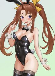 Rule 34 | 1girl, ahoge, alternate costume, animal ears, bare shoulders, black leotard, black thighhighs, blush, bow, bowtie, breasts, brown hair, cleavage, covered navel, detached collar, dorachan r, fake animal ears, gradient background, green background, highleg, highleg leotard, kagerou (kancolle), kantai collection, leotard, long hair, looking at viewer, neck ribbon, open mouth, playboy bunny, purple eyes, rabbit ears, rabbit tail, ribbon, small breasts, smile, strapless, strapless leotard, tail, thighhighs, traditional bowtie, twintails, wrist cuffs, yellow ribbon
