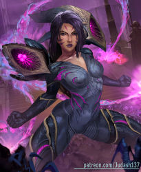 Rule 34 | 1girl, black hair, bodysuit, boots, breasts, cleavage, collarbone, facial mark, judash137, kai&#039;sa, league of legends, legs, long hair, looking at viewer, medium breasts, open mouth, parted lips, plunging neckline, purple eyes, sideboob, skin tight, solo, thick thighs, thigh boots, thighhighs, thighs, toned