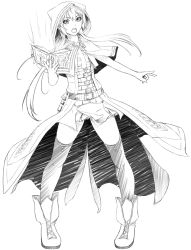 Rule 34 | 1girl, ayase tamaki, belt, book, flower knight girl, full body, greyscale, highres, hood, legs apart, lineart, long hair, looking at viewer, monochrome, purple tulip (flower knight girl), shawl, shoes, skirt, solo, standing, thighhighs, twintails