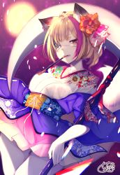 Rule 34 | 1girl, animal ear fluff, animal ears, blush, bow, breasts, chita (ketchup), commentary request, cross-laced clothes, dutch angle, ear piercing, eyepatch, floral print, fox ears, fox girl, fox tail, hair bow, hair ribbon, haori, head tilt, highres, holding, holding scythe, japanese clothes, kimono, kiseru, light brown hair, looking at viewer, medium breasts, mouth hold, multicolored hair, off shoulder, original, pantyhose, parted lips, piercing, pink ribbon, pink skirt, pleated skirt, print kimono, purple hair, red bow, red eyes, ribbon, scythe, short eyebrows, short hair, short kimono, signature, skirt, smoking pipe, solo, streaked hair, tail, tail raised, thick eyebrows, white kimono, white pantyhose, wide sleeves
