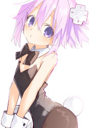 absurdres bare_shoulders bodysuit breasts bunnytail buran_buta collar cuffs d-pad d-pad_hair_ornament detached_collar flat_chest hair_between_eyes hair_ornament hairclip highres leotard neptune_(neptunia) neptune_(series) pantyhose play_girl playboy_bunny purple_eyes purple_hair rabbit_tail ribbon short_hair simple_background small_breasts solo tail white_background