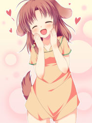 Rule 34 | 1girl, :d, ahoge, animal ears, asa no ha (awayuki), barefoot, blush, bottomless, breasts, brown hair, dog ears, dog tail, closed eyes, fang, hair ornament, hands on own face, heart, long hair, no pants, open mouth, original, smile, solo, sweat, tail, twintails