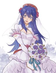 Rule 34 | 1girl, :d, blue eyes, blue hair, bouquet, breasts, bridal veil, bride, cleavage, dress, fire emblem, fire emblem: the binding blade, fire emblem heroes, flower, hair between eyes, hair flower, hair ornament, highres, holding, holding bouquet, julianlynnnn, lilina (bridal) (fire emblem), lilina (fire emblem), long hair, medium breasts, nintendo, official alternate costume, open mouth, smile, solo, teeth, upper teeth only, veil, wedding dress, white background, white dress