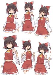 Rule 34 | 1girl, ascot, black hair, bow, brown hair, chest sarashi, commentary request, cropped legs, detached sleeves, frilled skirt, frills, hair bow, hair tubes, hakurei reimu, highres, kakone, multiple views, red bow, red shirt, red skirt, ribbon-trimmed skirt, ribbon-trimmed sleeves, ribbon trim, sarashi, shirt, short hair, sidelocks, simple background, skirt, touhou, white background, yellow ascot