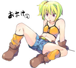 Rule 34 | 1girl, :o, ankle boots, arm support, arms behind back, bad id, bad pixiv id, bare shoulders, body blush, boots, brown footwear, brown gloves, collarbone, flat chest, full body, gloves, green hair, muhirora, navel, ole tower, open mouth, phillips screwdriver (ole tower), pink eyes, ponytail, short hair, short ponytail, shorts, side ponytail, simple background, sitting, solo, spread legs, tank top, tattoo, white background, wrench