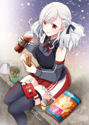 Rule 34 | 1girl, bare shoulders, blush, breasts, chips (food), food, girls&#039; frontline, hair ornament, hair ribbon, highres, hiroichi, large breasts, looking at viewer, pocky, potato chips, pudding, red eyes, ribbon, sandwich, silver hair, sitting, skirt, smile, soda, soda bottle, solo, spas-12 (girls&#039; frontline), thighhighs, twintails, zettai ryouiki