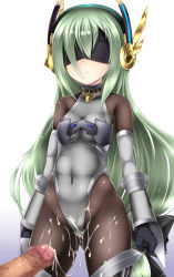 Rule 34 | 1girl, bare shoulders, black gloves, blindfold, bodysuit, censored, collar, cum, cum on body, cum on clothes, cum on lower body, detached sleeves, emil chronicle online, gloves, green hair, hair ornament, hairband, highres, leotard, lock, looking at viewer, mosaic censoring, pantyhose, penis, shimo (depthbomb), solo, solo focus, thighhighs