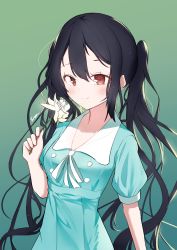 Rule 34 | 1girl, absurdres, black hair, blush, brown eyes, closed mouth, commentary, dress, flower, gradient background, green background, green dress, highres, holding, holding flower, k-on!, looking at viewer, nakano azusa, short sleeves, simple background, siro111, smile, solo, twintails, upper body