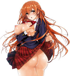 Rule 34 | 1girl, :o, ass, bad anatomy, badge, blush, bow, bowtie, braid, breast hold, breasts, breasts out, brown eyes, brown hair, buttons, clothes lift, comic x-eros, full-face blush, huge breasts, katsurai yoshiaki, long hair, looking at viewer, nipples, no panties, open mouth, scan, school uniform, shiny skin, simple background, skirt, skirt lift, solo, striped clothes, striped skirt, twisted torso, white background