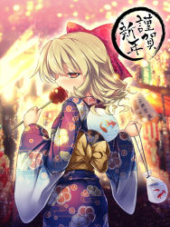 Rule 34 | 1girl, animal print, bag, blonde hair, blue kimono, bow, brown eyes, candy apple, chima q, commentary request, cowboy shot, fish, fish print, floral print, food, from behind, goldfish, hair bow, hand fan, hands up, highres, holding, holding food, japanese clothes, kimono, long sleeves, looking at viewer, looking back, luna child, obi, paper fan, plastic bag, red bow, sash, short hair, solo, standing, touhou, translation request, uchiwa, wide sleeves, yellow sash