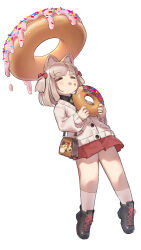 1girl absurdres animal_ears arukiru bag black_footwear black_shirt blush bow brown_sweater buttons cat_ears cat_girl chocolate closed_eyes doughnut food food_on_face green_necktie hair_bow handbag highres holding holding_food icing long_sleeves necktie original red_bow red_skirt shirt shoes short_twintails simple_background skirt smile socks solo sprinkles sweater twintails white_background white_socks