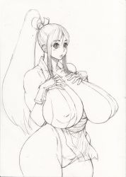 Rule 34 | 1girl, bonten, breasts, covered erect nipples, fatal fury, female focus, gigantic breasts, highres, japanese clothes, the king of fighters, long hair, looking at viewer, monochrome, ponytail, puffy nipples, shiranui mai, sideboob, simple background, sketch, solo, thong, traditional media
