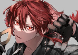 Rule 34 | 1boy, black coat, black gloves, coat, commentary, diluc (genshin impact), english commentary, genshin impact, gloves, grey background, hiiro (coinxtossxdive), holding, long hair, long sleeves, looking at viewer, male focus, parted lips, ponytail, portrait, red eyes, red hair, simple background, solo, twitter username