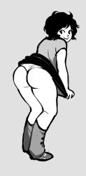 Rule 34 | 1girl, artist request, ass, black hair, clothes lift, female focus, from behind, full body, grey background, hiveswap, joey claire, looking at viewer, looking back, loose socks, pale skin, panties, shirt, simple background, skirt, skirt lift, smile, socks, solo, source request, standing, t-shirt, underwear