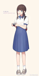 Rule 34 | 1girl, blue skirt, brown hair, camera, character name, collared shirt, dated, fubuki (kancolle), full body, green eyes, highres, holding, holding camera, kantai collection, nakaaki masashi, open mouth, pleated skirt, shirt, short hair, short ponytail, short sleeves, simple background, skirt, smile, socks, solo, twitter username, white shirt, white socks, yellow background