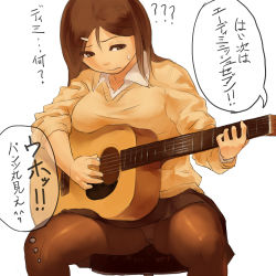Rule 34 | 1girl, ?, acoustic guitar, bad id, bad pixiv id, breasts, brown eyes, brown hair, brown pantyhose, clueless, crotch seam, guitar, hair ornament, hairclip, inconvenient breasts, instrument, large breasts, long hair, makki (tobaccos), music, original, panties, panties under pantyhose, pantyhose, pantyshot, playing instrument, plectrum, school uniform, simple background, skirt, sleeves rolled up, solo, sweater, translated, underwear, upskirt, white background